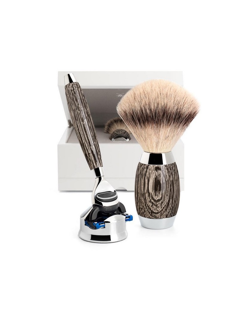 Mühle EDITION - Ancient Oak and Sterling Silver, Gillette Fusion, Silvertip Fibre Shaving Brush Set