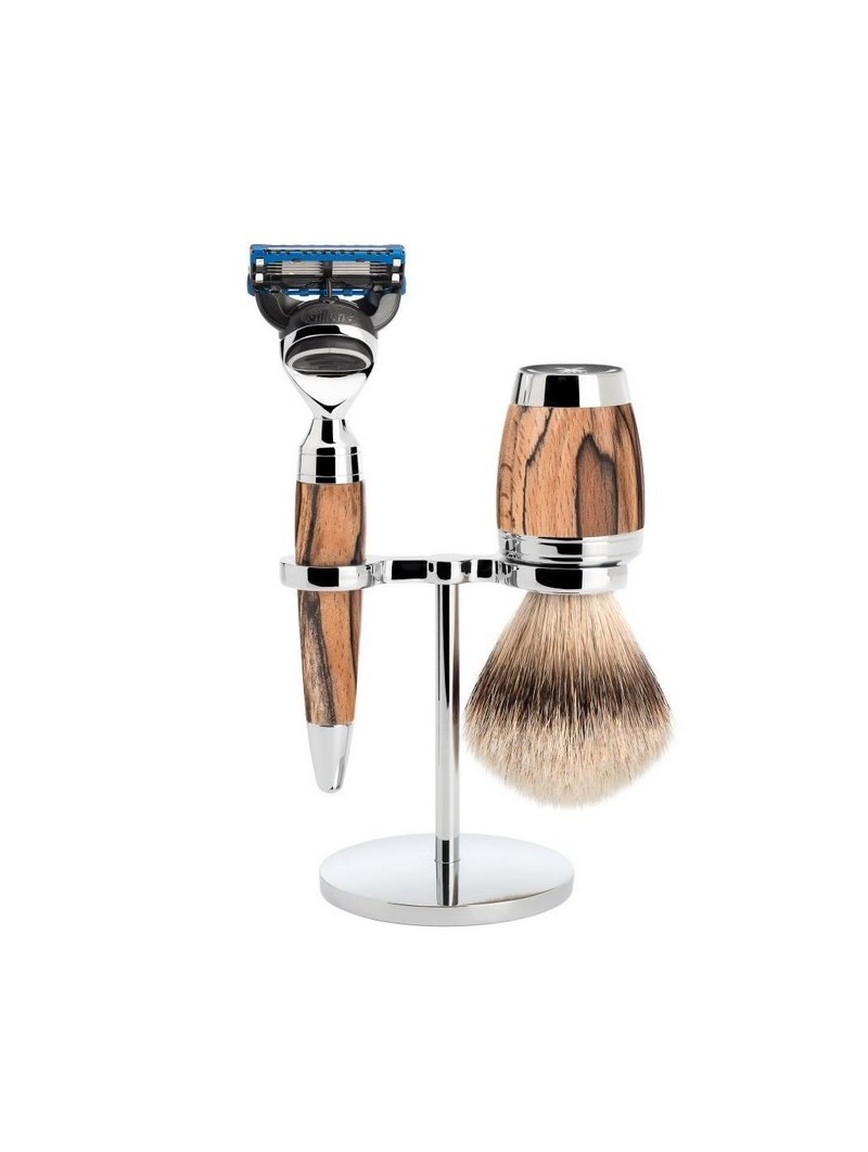 MÜHLE shaving set, silvertip badger, with Gillette® Fusion™, handle material made of spalted beech