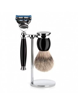 Set de Afeitar con Maquinilla Gillette Fusión, Brocha de Afeitar Punta Plata y Soporte Sophist Negro Mühle