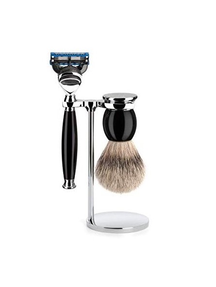 Set de Afeitar con Maquinilla Gillette Fusión, Brocha de Afeitar Punta Plata y Soporte Sophist Negro Mühle