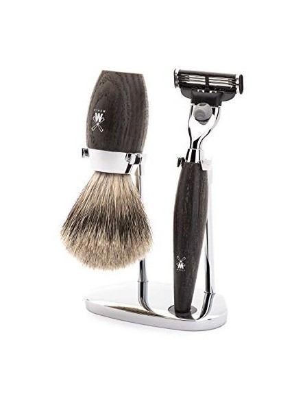 Set de Afetar con Maquinilla Gillette Mach3, Brocha Tejón Dos Bandas y Soporte Kosmo Roble Mühle