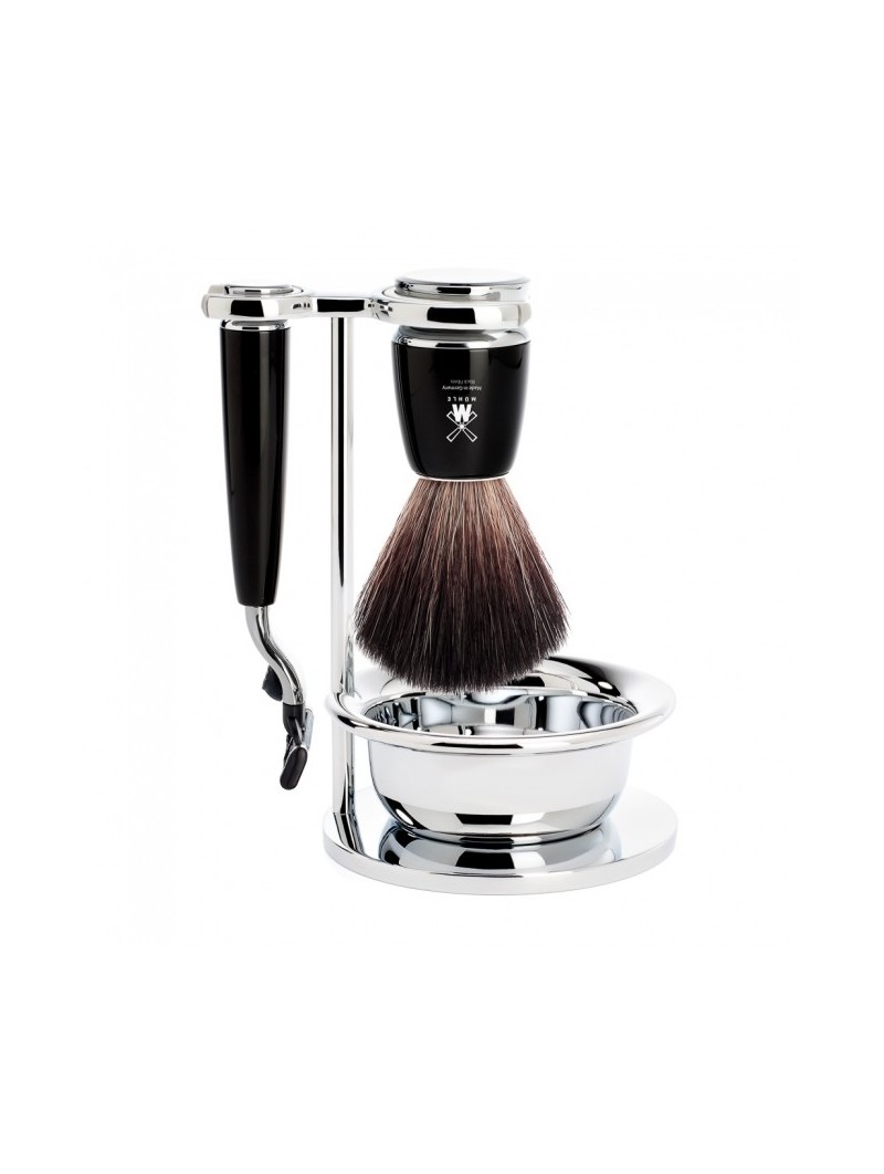 Mühle Traditional Shaving Black Set Pure Badger Fiber Shaving Brush, Razor Mach3 & Bowl Rytmo