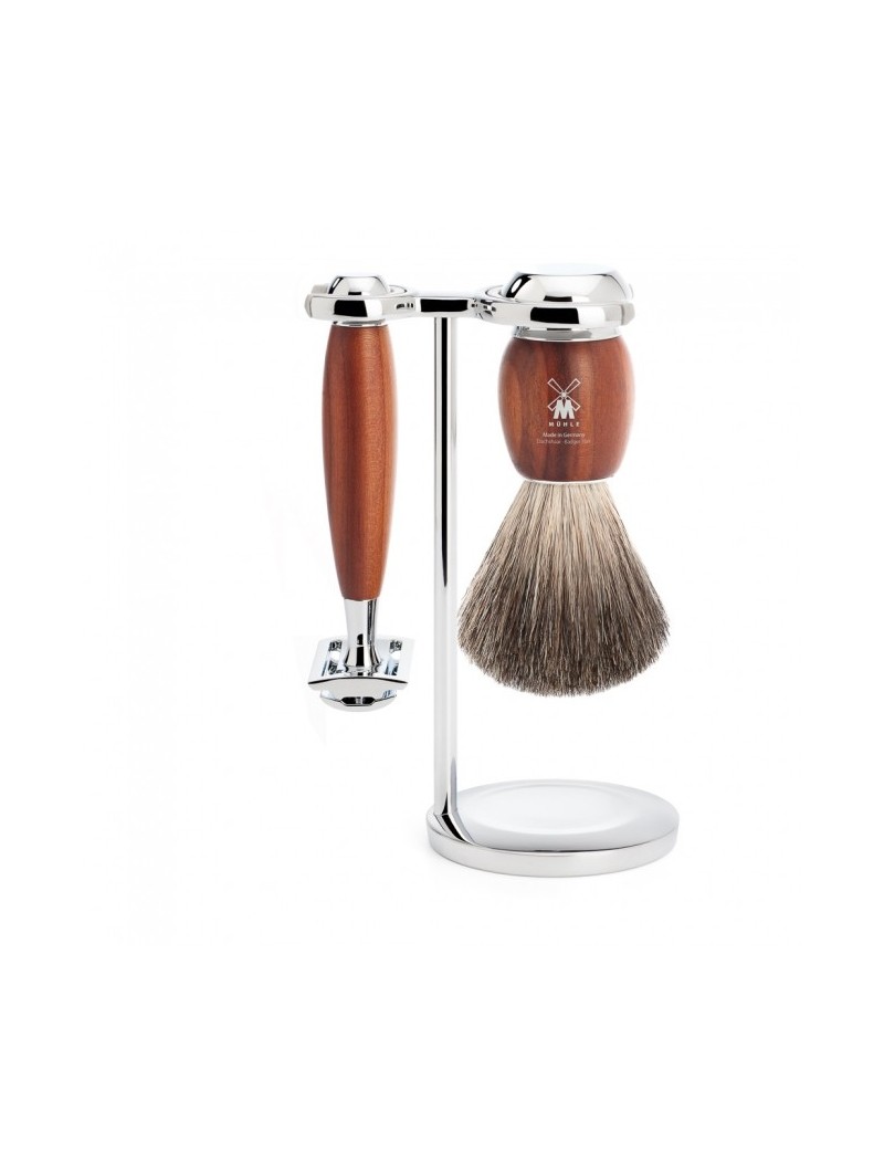 Shaving set of MÜHLE, pure badger, with safety razor, handle material made of plum wood